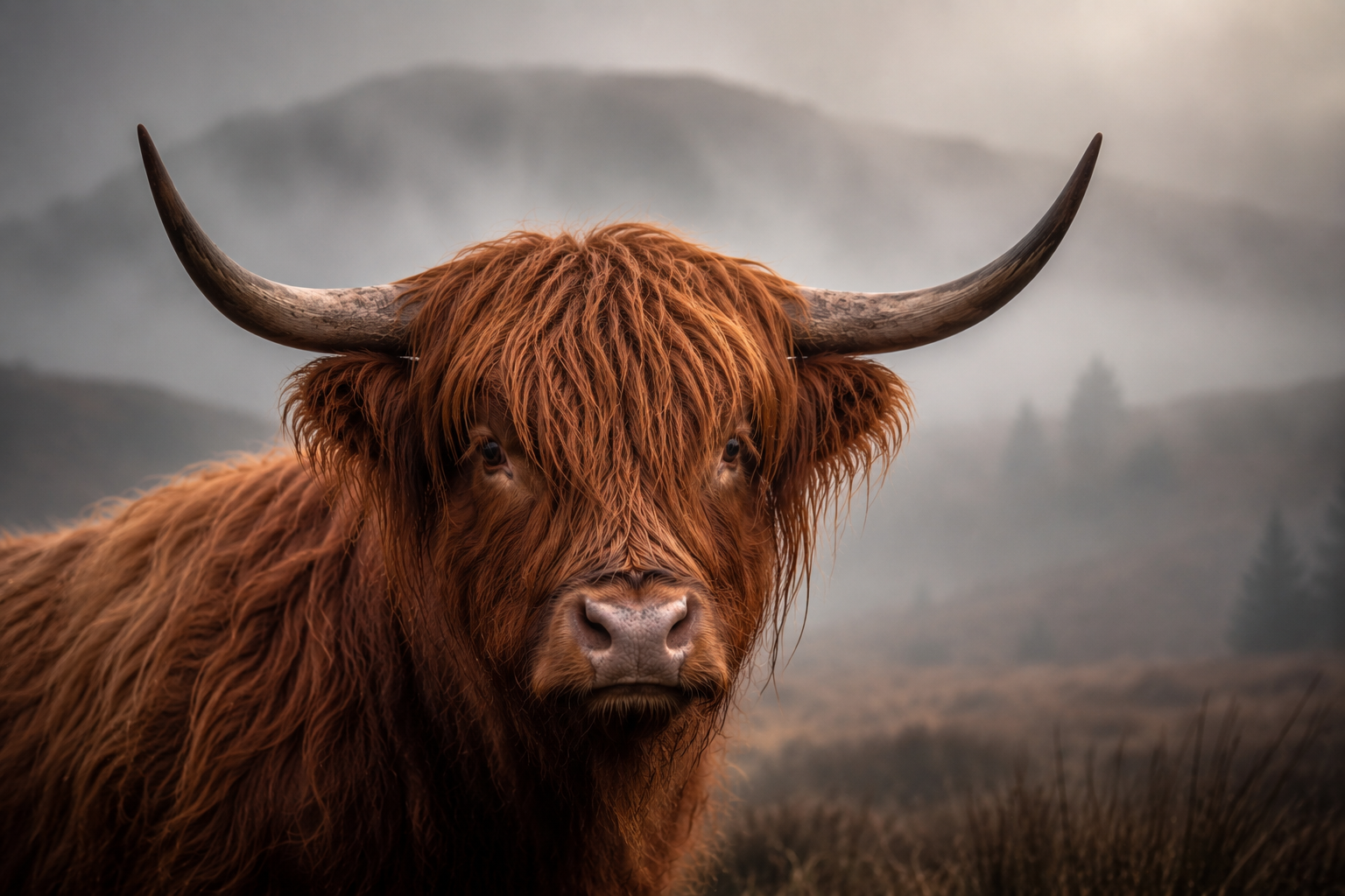 Highland cow in misty moorland